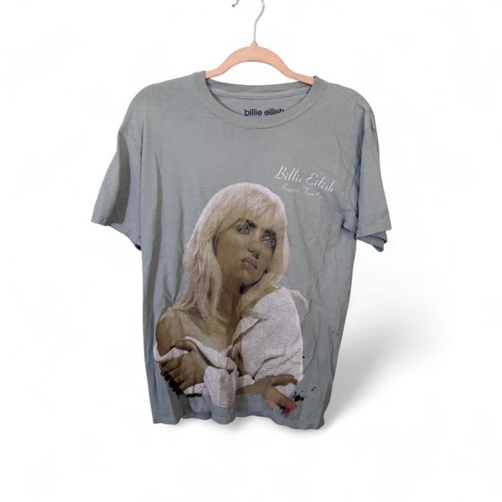 Billie Eilish Happier Than Ever Unisex Light Blue/Gray Graphic T-Shirt M FLAW
